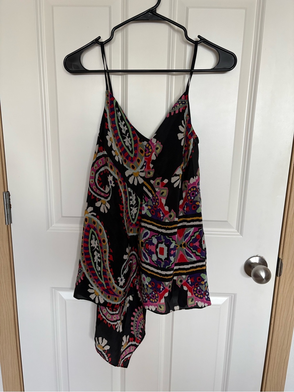 HD in Paris Silk Black Paisley Asymmetrical Camisole with Multicolor Print